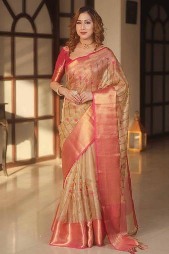 Pink handwoven banarasi tissue saree with zari border & unstitched blouse