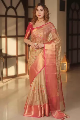 Pink handwoven banarasi tissue saree with zari border & unstitched blouse
