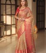 Pink handwoven banarasi tissue saree with zari border & unstitched blouse