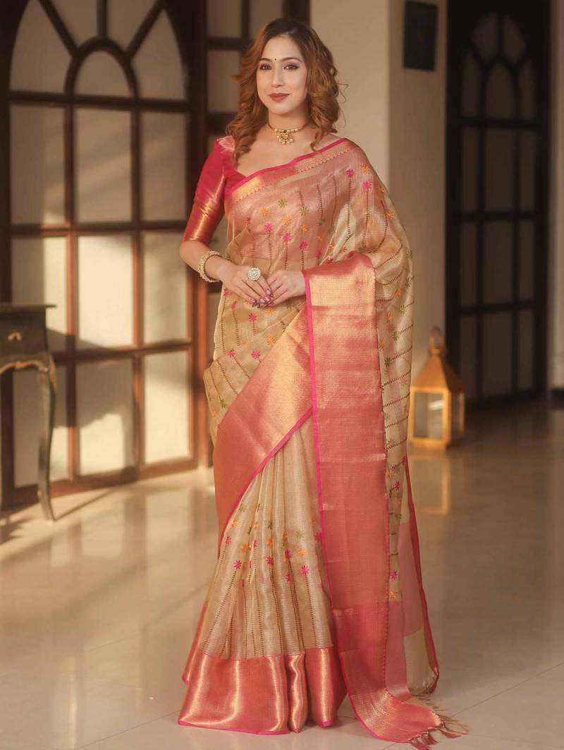Pink handwoven banarasi tissue saree with zari border & unstitched blouse