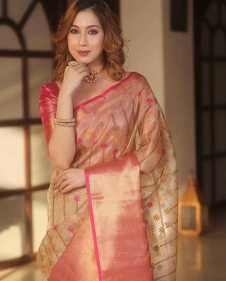 Pink handwoven banarasi tissue saree with zari border & unstitched blouse 2