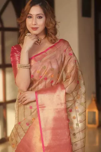 Pink handwoven banarasi tissue saree with zari border & unstitched blouse