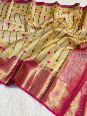 Pink handwoven banarasi tissue saree with zari border & unstitched blouse 3