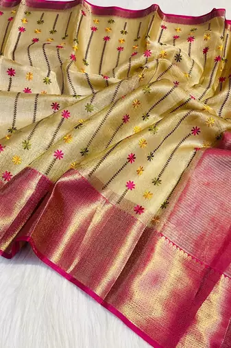 Pink handwoven banarasi tissue saree with zari border & unstitched blouse