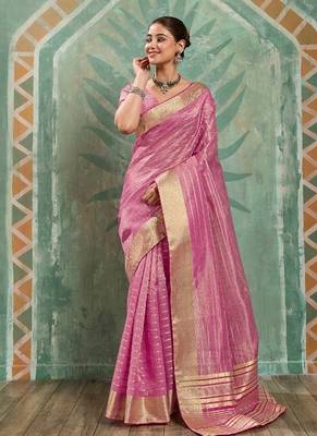 Pink cotton tissue zari woven saree with broad patta & running blouse 1