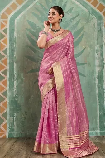Pink cotton tissue zari woven saree with broad patta & running blouse