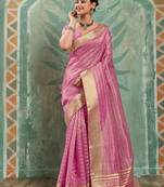 Pink cotton tissue zari woven saree with broad patta & running blouse