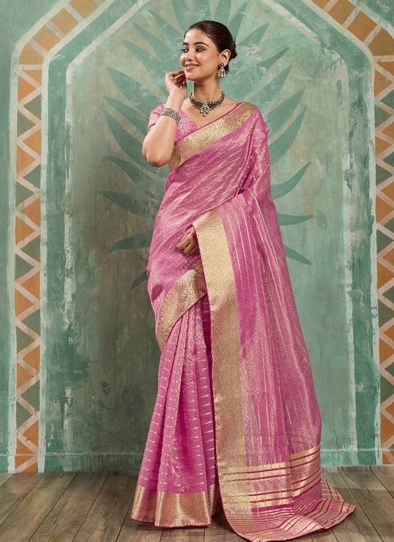 Pink cotton tissue zari woven saree with broad patta & running blouse