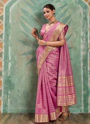 Pink cotton tissue zari woven saree with broad patta & running blouse 2