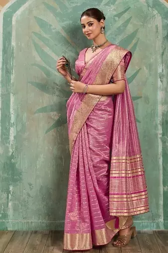 Pink cotton tissue zari woven saree with broad patta & running blouse