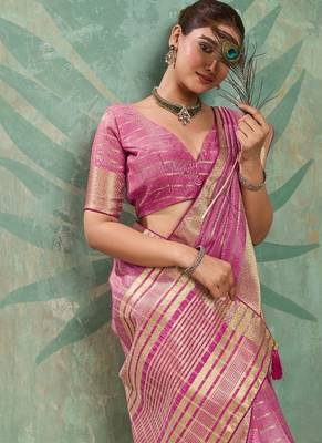 Pink cotton tissue zari woven saree with broad patta & running blouse 3