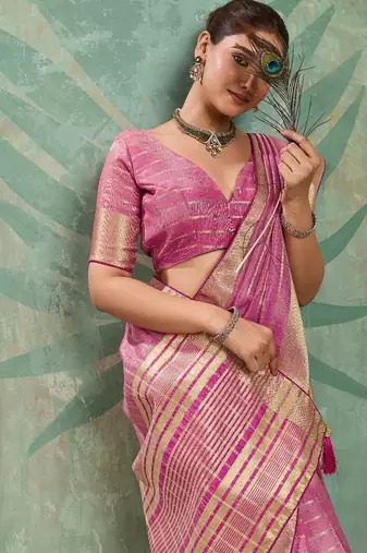 Pink cotton tissue zari woven saree with broad patta & running blouse