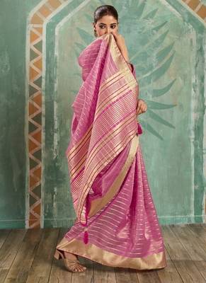 Pink cotton tissue zari woven saree with broad patta & running blouse 4