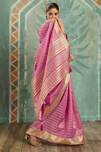Pink cotton tissue zari woven saree with broad patta & running blouse