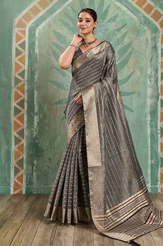 Grey cotton tissue zari woven saree with broad patta & running blouse