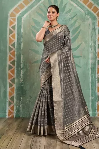 Grey cotton tissue zari woven saree with broad patta & running blouse