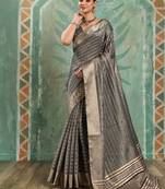 Grey cotton tissue zari woven saree with broad patta & running blouse