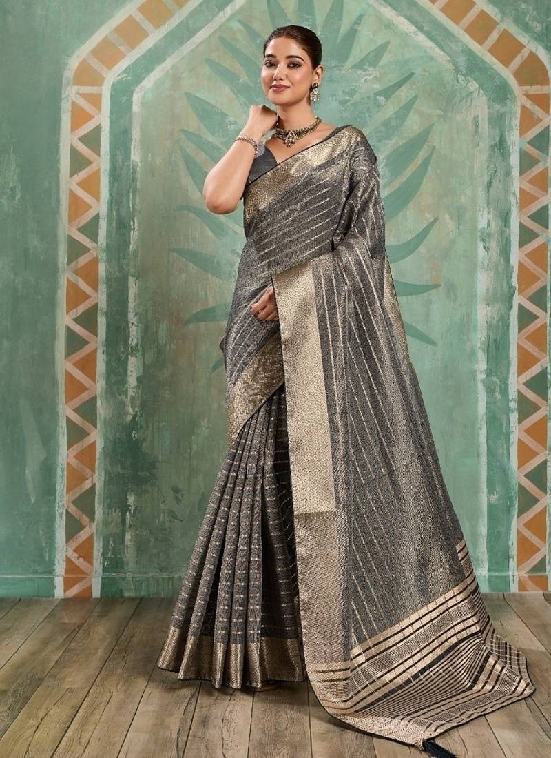 Grey cotton tissue zari woven saree with broad patta & running blouse