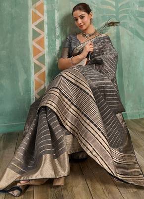 Grey cotton tissue zari woven saree with broad patta & running blouse 2