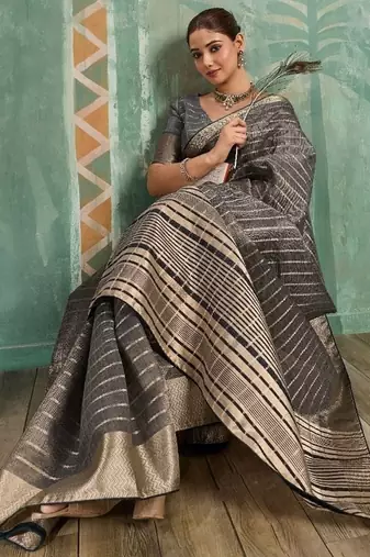 Grey cotton tissue zari woven saree with broad patta & running blouse
