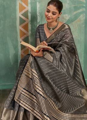 Grey cotton tissue zari woven saree with broad patta & running blouse 3