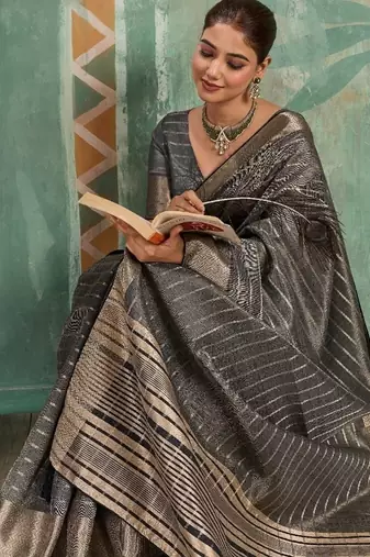 Grey cotton tissue zari woven saree with broad patta & running blouse