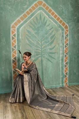 Grey cotton tissue zari woven saree with broad patta & running blouse 4