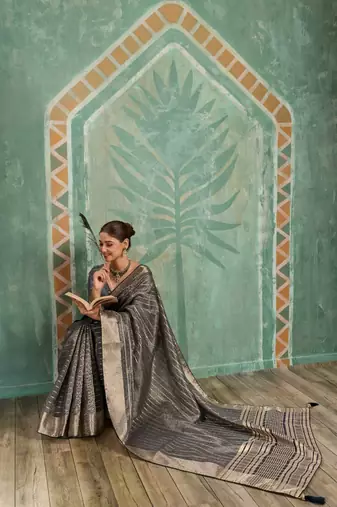 Grey cotton tissue zari woven saree with broad patta & running blouse