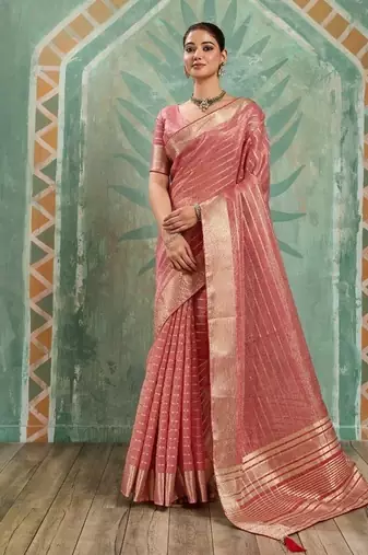 Peach cotton tissue zari woven saree with broad patta & running blouse