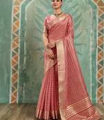 Peach cotton tissue zari woven saree with broad patta & running blouse