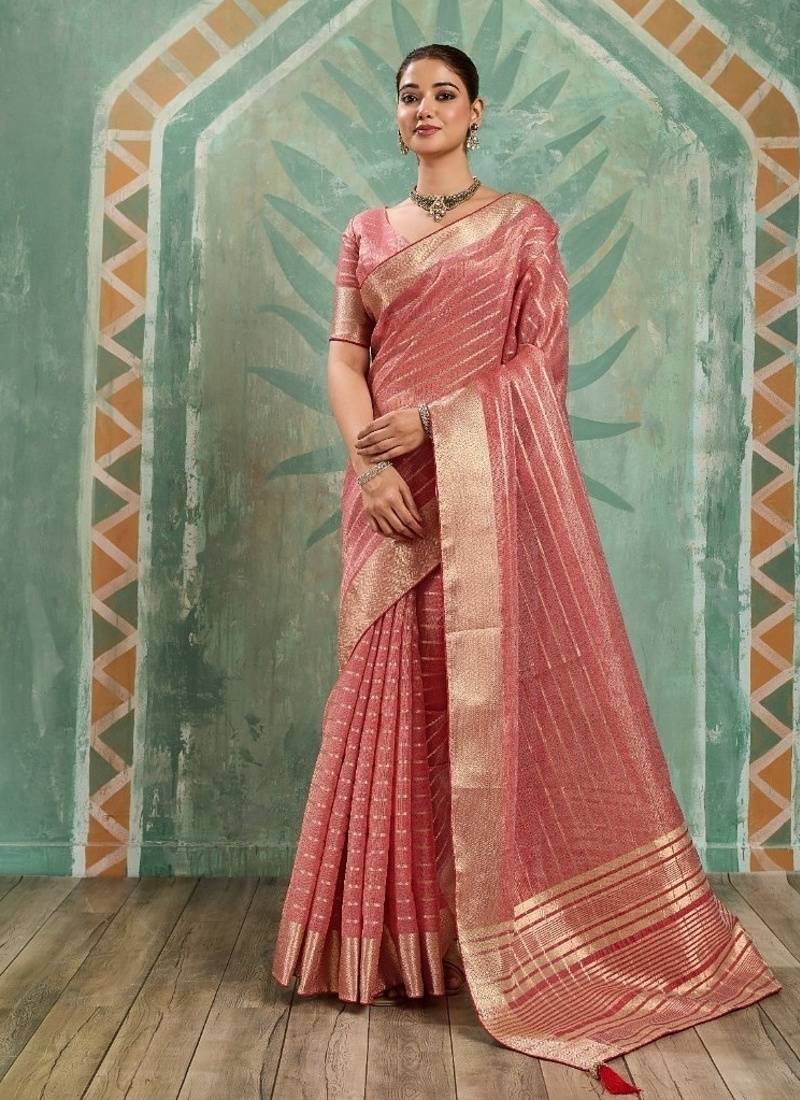 Peach cotton tissue zari woven saree with broad patta & running blouse