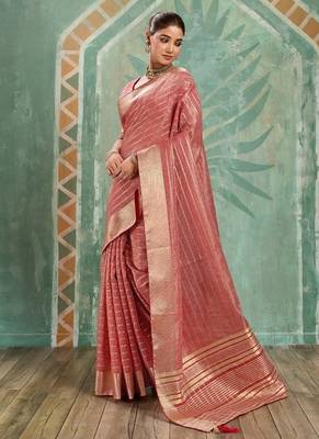 Peach cotton tissue zari woven saree with broad patta & running blouse 2
