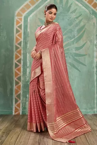 Peach cotton tissue zari woven saree with broad patta & running blouse