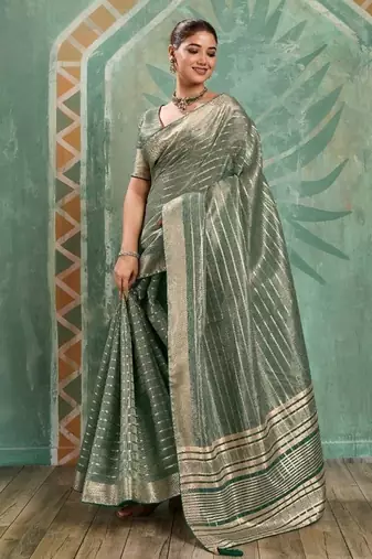 Sage green cotton tissue zari woven saree with broad patta & running blouse