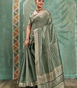 Sage green cotton tissue zari woven saree with broad patta & running blouse