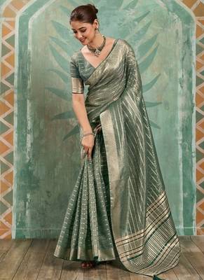 Sage green cotton tissue zari woven saree with broad patta & running blouse 2