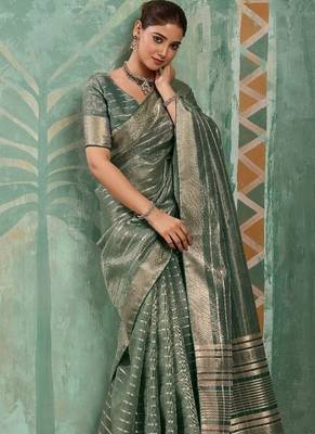 Sage green cotton tissue zari woven saree with broad patta & running blouse 3