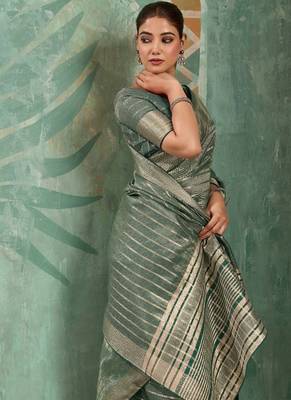 Sage green cotton tissue zari woven saree with broad patta & running blouse 4