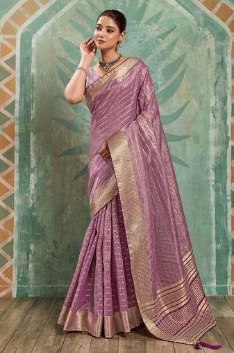 Lavender cotton tissue zari woven saree with broad patta & running blouse