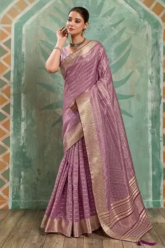 Lavender cotton tissue zari woven saree with broad patta & running blouse