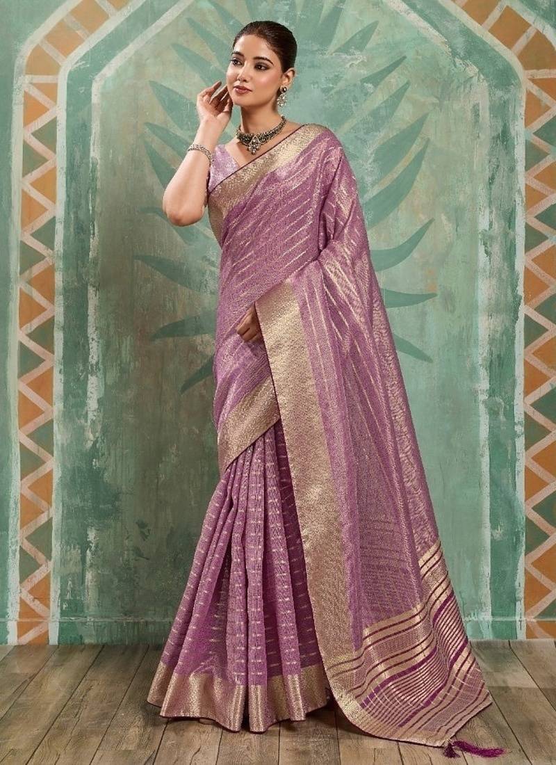 Lavender cotton tissue zari woven saree with broad patta & running blouse