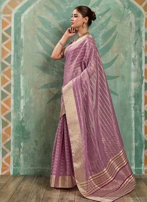 Lavender cotton tissue zari woven saree with broad patta & running blouse 2