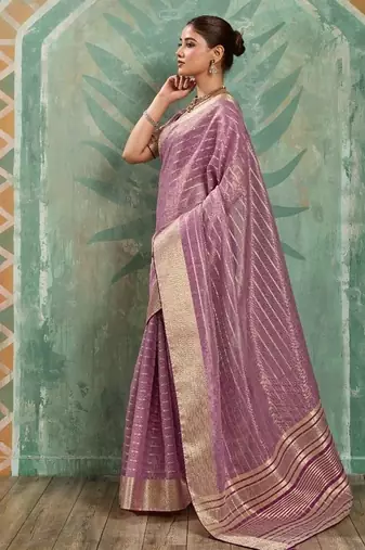Lavender cotton tissue zari woven saree with broad patta & running blouse