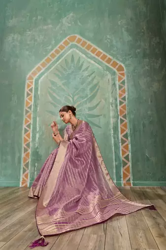 Lavender cotton tissue zari woven saree with broad patta & running blouse