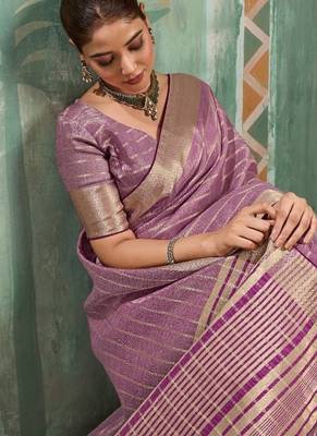 Lavender cotton tissue zari woven saree with broad patta & running blouse 4