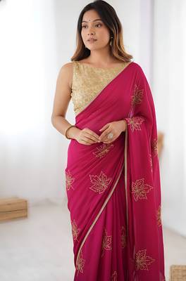 Rani pink vichitra silk blend designer embroidery saree with unstitched blouse 2