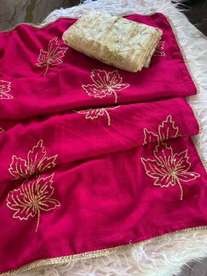 Rani pink vichitra silk blend designer embroidery saree with unstitched blouse 4