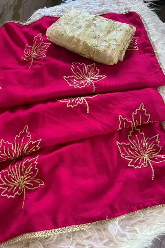 Rani pink vichitra silk blend designer embroidery saree with unstitched blouse