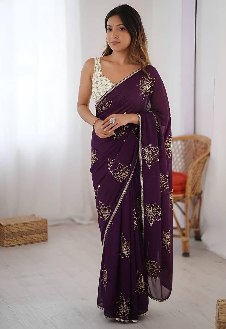 Purple vichitra silk blend designer embroidery saree with unstitched blouse