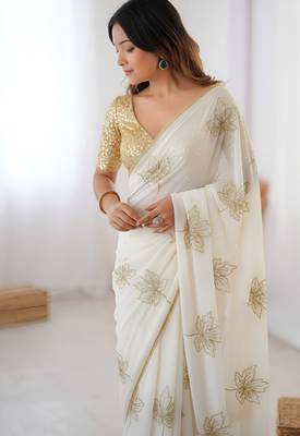 Off white vichitra silk blend designer embroidery saree with unstitched blouse 2